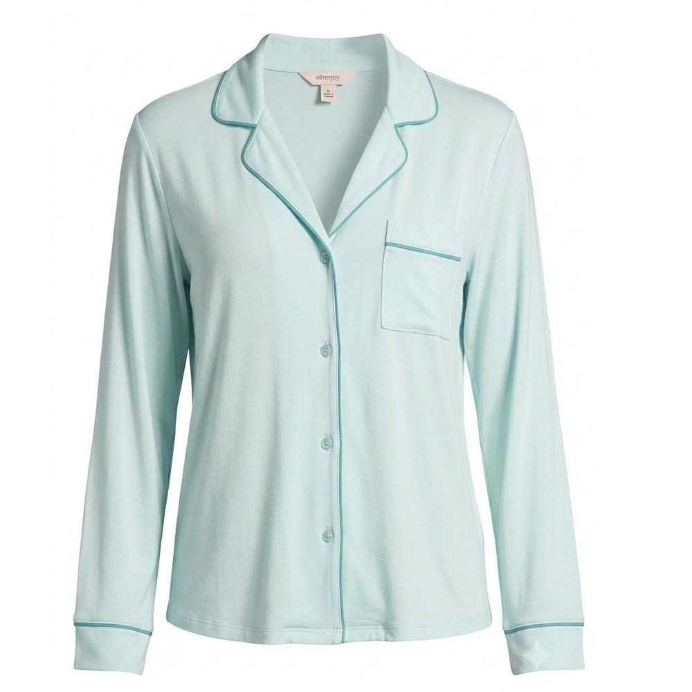 Eberjey Gisele Long Sleeve Pajama Top Mint Blue Modal Button Up Sleep Shirt M